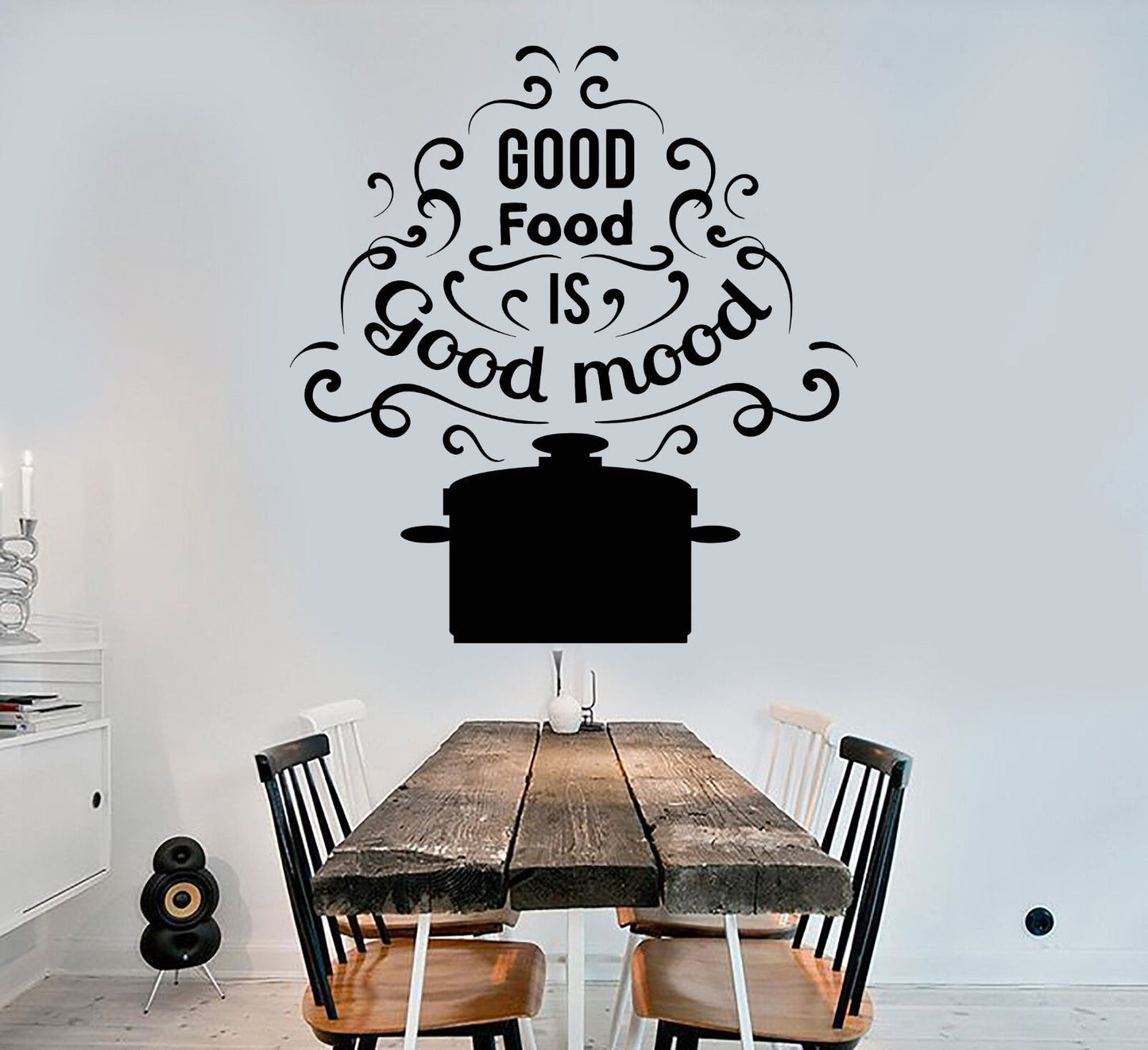 Vinyl Wall Decal Words Pan Good Food Mood Quote For Kitchen Stickers (1356ig)