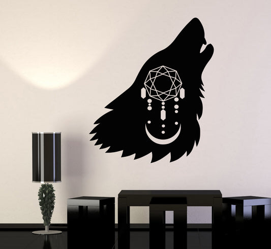 Vinyl Wall Decal Howling Wolf Head Dreamcatcher Moon Predator Stickers (1388ig)