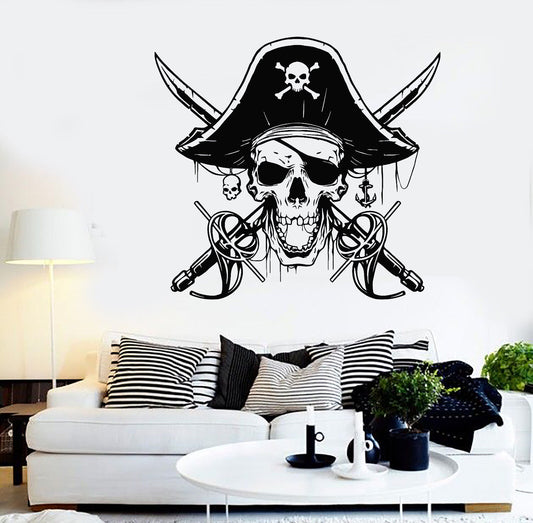 Autocollant mural en vinyle Pirate Sabres crâne capitaine mer Style autocollants (1401ig)