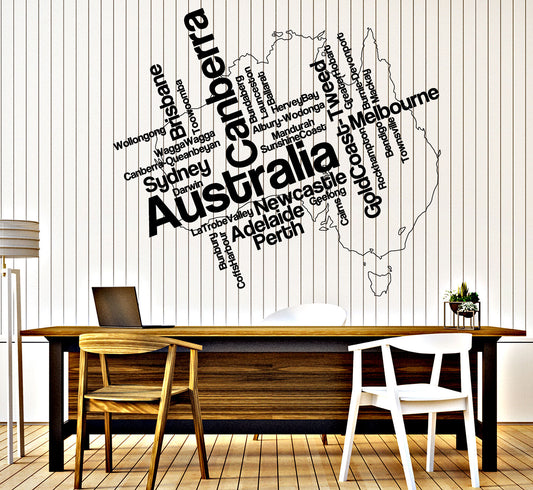 Wall Sticker Vinyl Decal Australia Map and Names of Cities in Continent (n784)