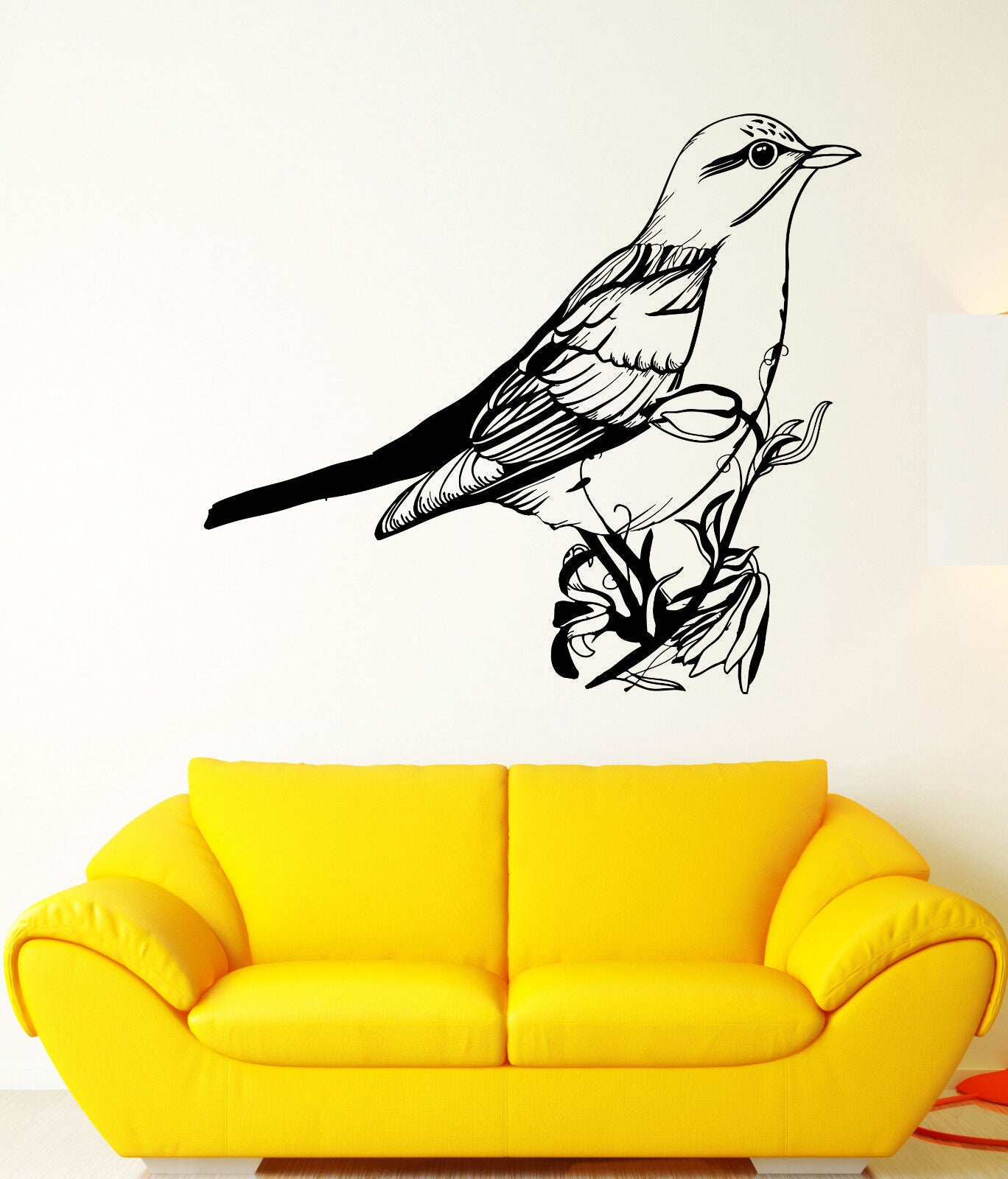 Wandtattoo Singvogel Vogel auf Ast Tier Natur Blumen Vinyl Wandaufkleber (1506ig)