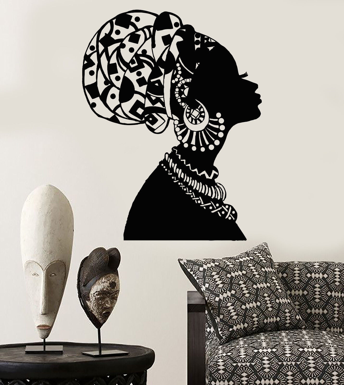 Autocollant mural en vinyle, fille africaine, femme noire en turban, autocollants autochtones (1545ig)