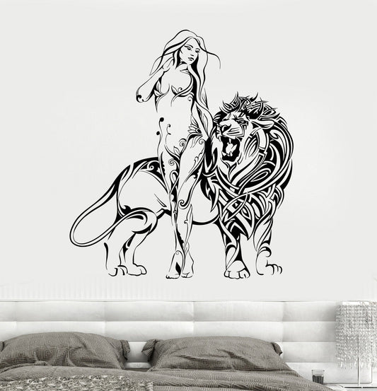 Vinyl Wall Decal Sexy Naked Girl Lion King Predator Stickers (1556ig)