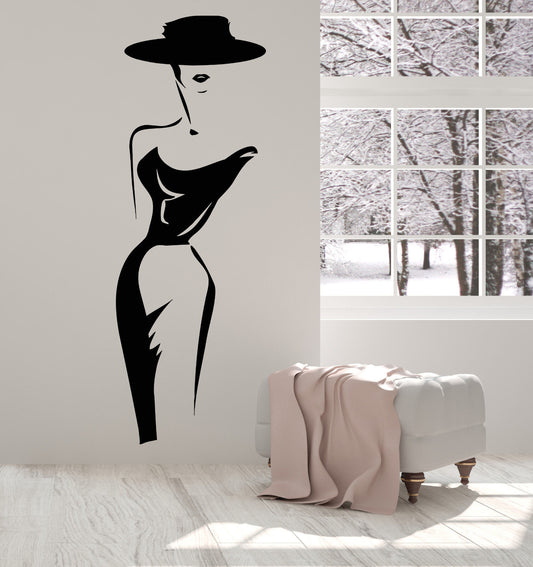 Vinyl Wall Decal Lady Hat Fashion Model Elegant Woman Stickers (1574ig)