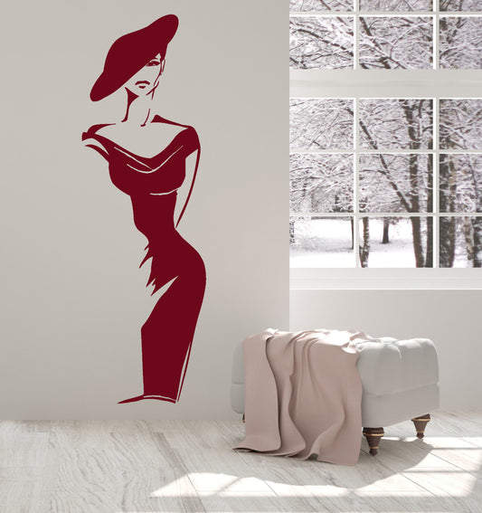 Vinyl Wall Decal Fashion Girl Hat Elegant Woman Retro Model Stickers (1575ig)