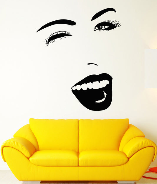 Vinyl Wall Decal Beautiful Funny Girl Cheerful Face Wink Stickers (1616ig)