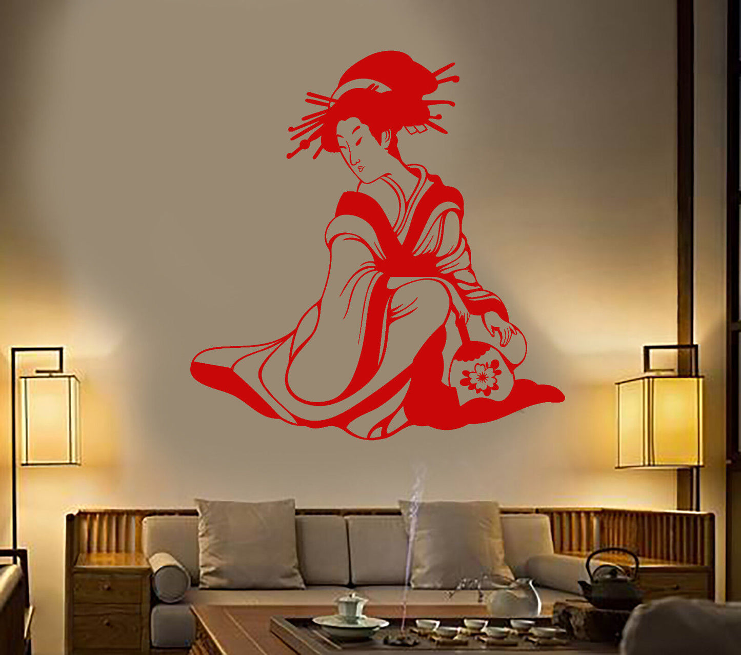 Vinyl Wall Decal Japanese Woman Geisha With Fan Asian Style Stickers (1737ig)