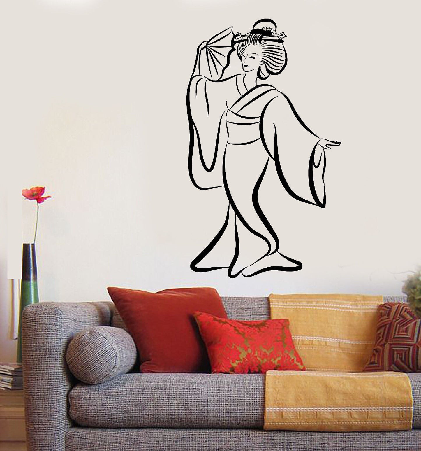 Vinyl Wall Decal Japanese Woman Asian Girl Geisha With Fan Stickers (1769ig)