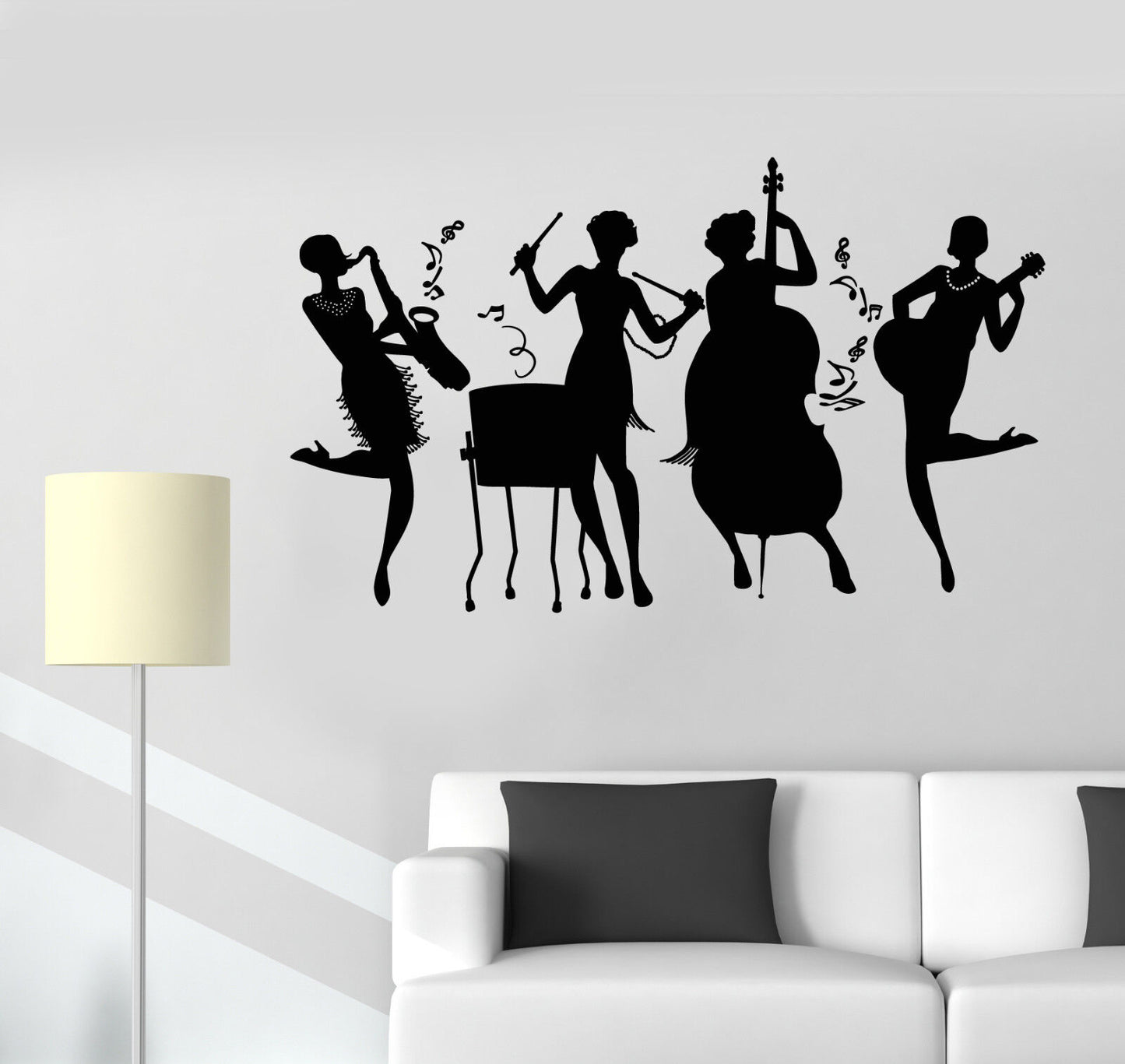 Autocollant mural en vinyle Jazz Band Club filles musique Style rétro Notes autocollants (1811ig)