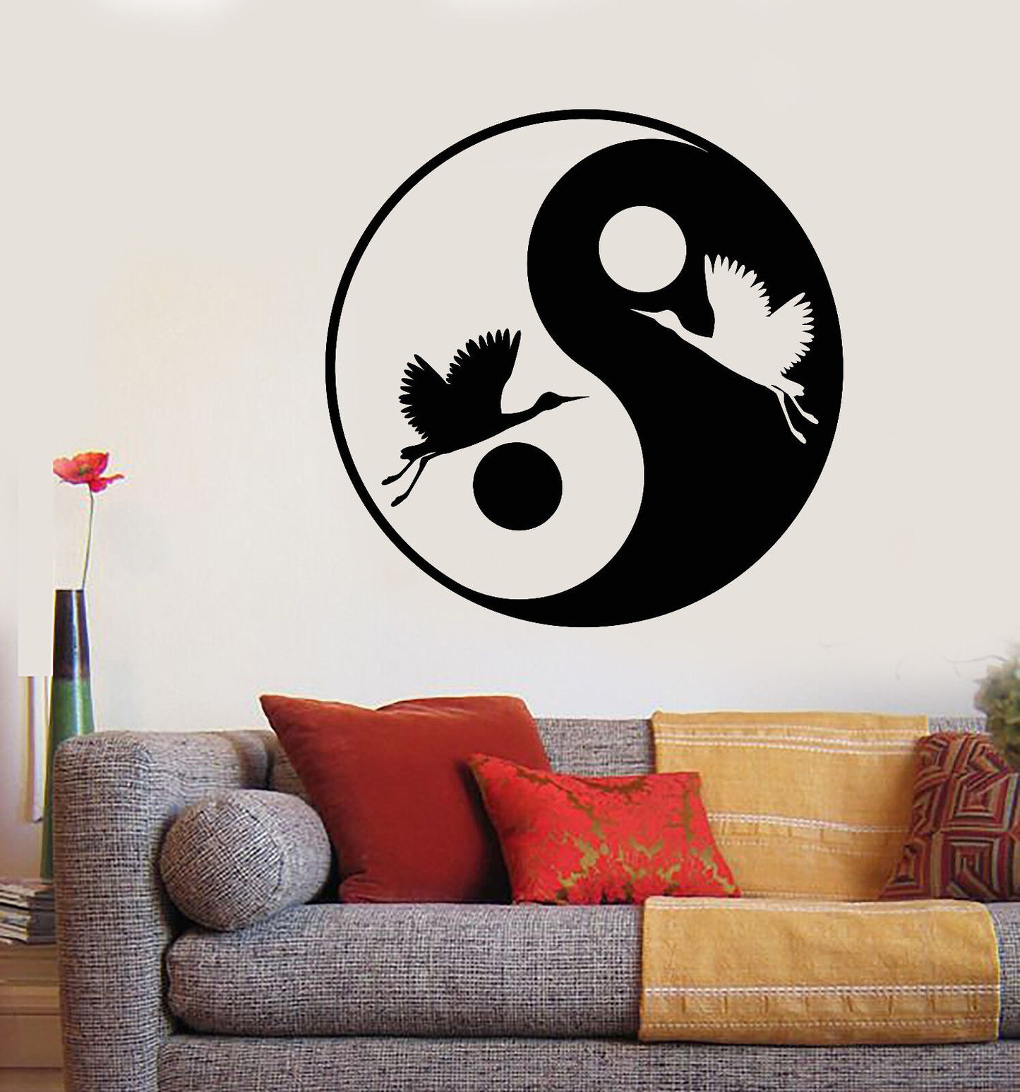 Autocollant mural en vinyle japonais asiatique oiseau cigogne Yin Yang symbole autocollants (1906ig)