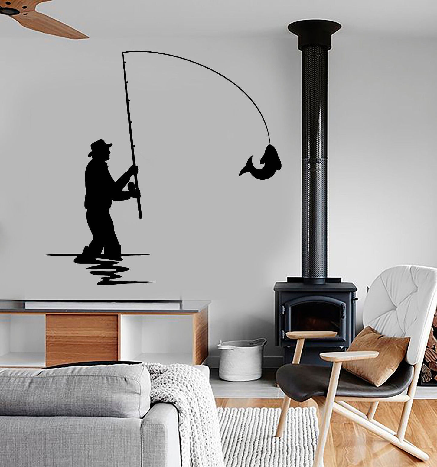 Vinyl Wall Decal Fishing Rod Club Fisherman Silhouette Fish Stickers (1930ig)