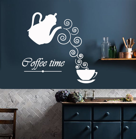 Vinyl Wall Decal Coffee Time Logo Kettle Cup Hot Drink Stickers (2012ig)