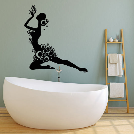 Vinyl Wall Decal Bubbles Naked Silhouette Girl Bathroom Decor Stickers (2041ig)