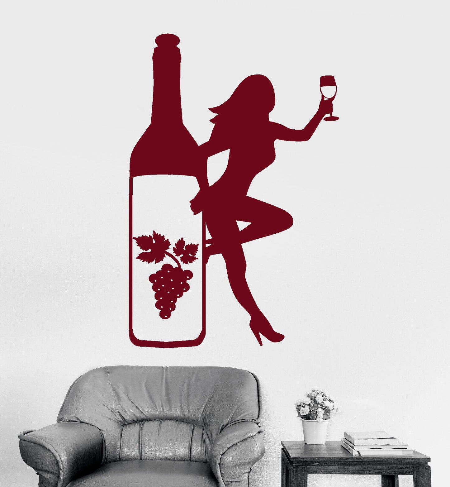 Autocollant mural en vinyle, bouteille en verre, raisins de vin, fille Sexy, autocollants d'alcool (2162ig)