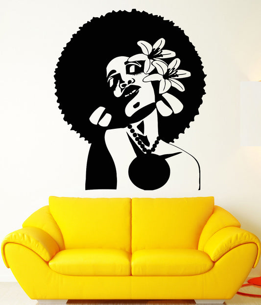 Vinyl Wall Decal African Woman Hairstyle Flowers Hair Black Lady Stickers 2164ig