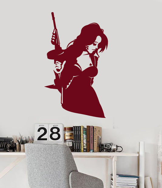 Autocollant mural en vinyle, fille Sexy avec arme, autocollants de clubs Tommy-Gun (2208ig)