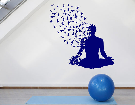 Wall Vinyl Decal Yoga Pose with Birds Flying from Human Body (n944)