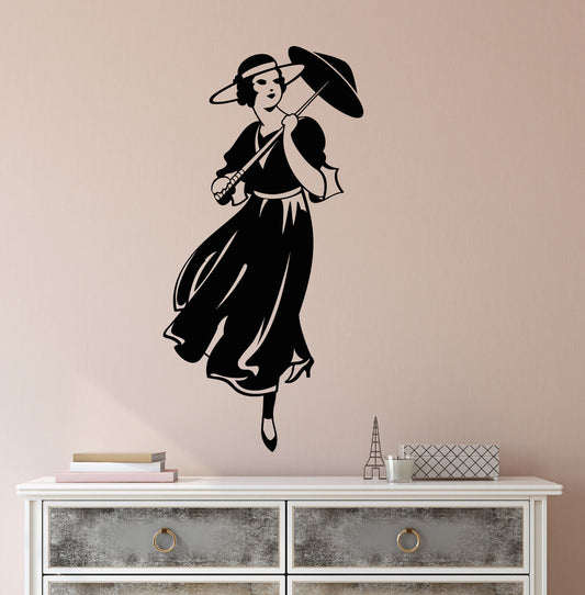 Vinyl Wall Decal Retro Girl Lady With Umbrella Hat Vintage Doll Stickers 2241ig