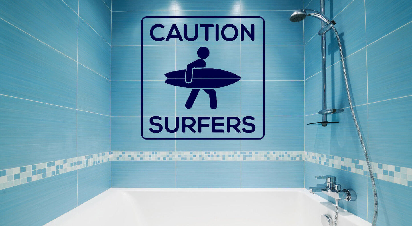 Wandaufkleber, Vinyl, weiß, schwarz, quadratisch, Schild „Caution Sign Surfer“ (n962)