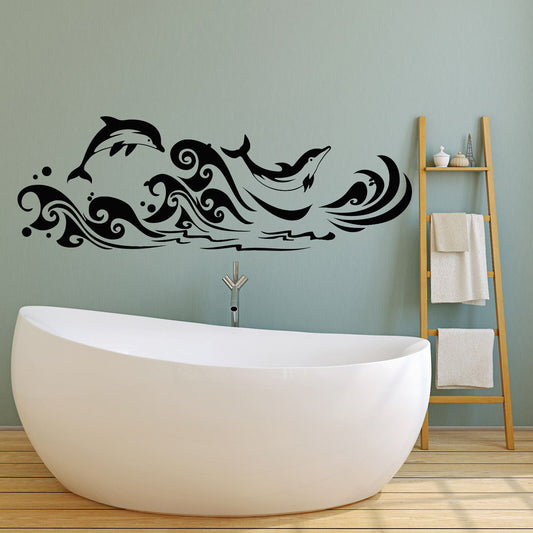 Autocollant mural en vinyle, dauphins, vagues de mer, Style marin, pour salle de bain (2284ig)