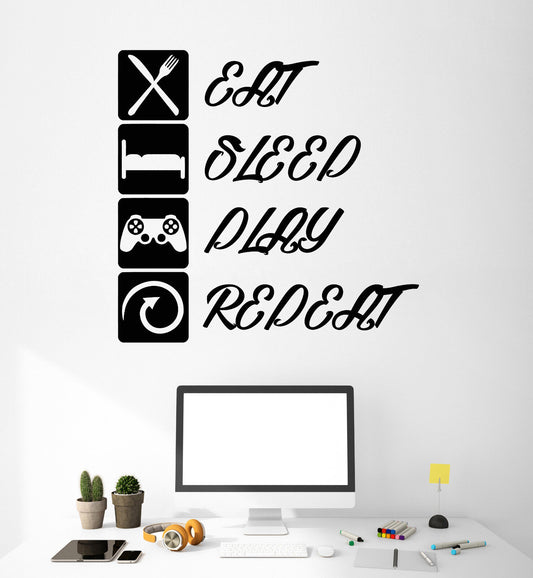 Vinyl Wall Decal Gamer Rules Eat Sleep Play Repeat Joystick Stickers (2446ig)