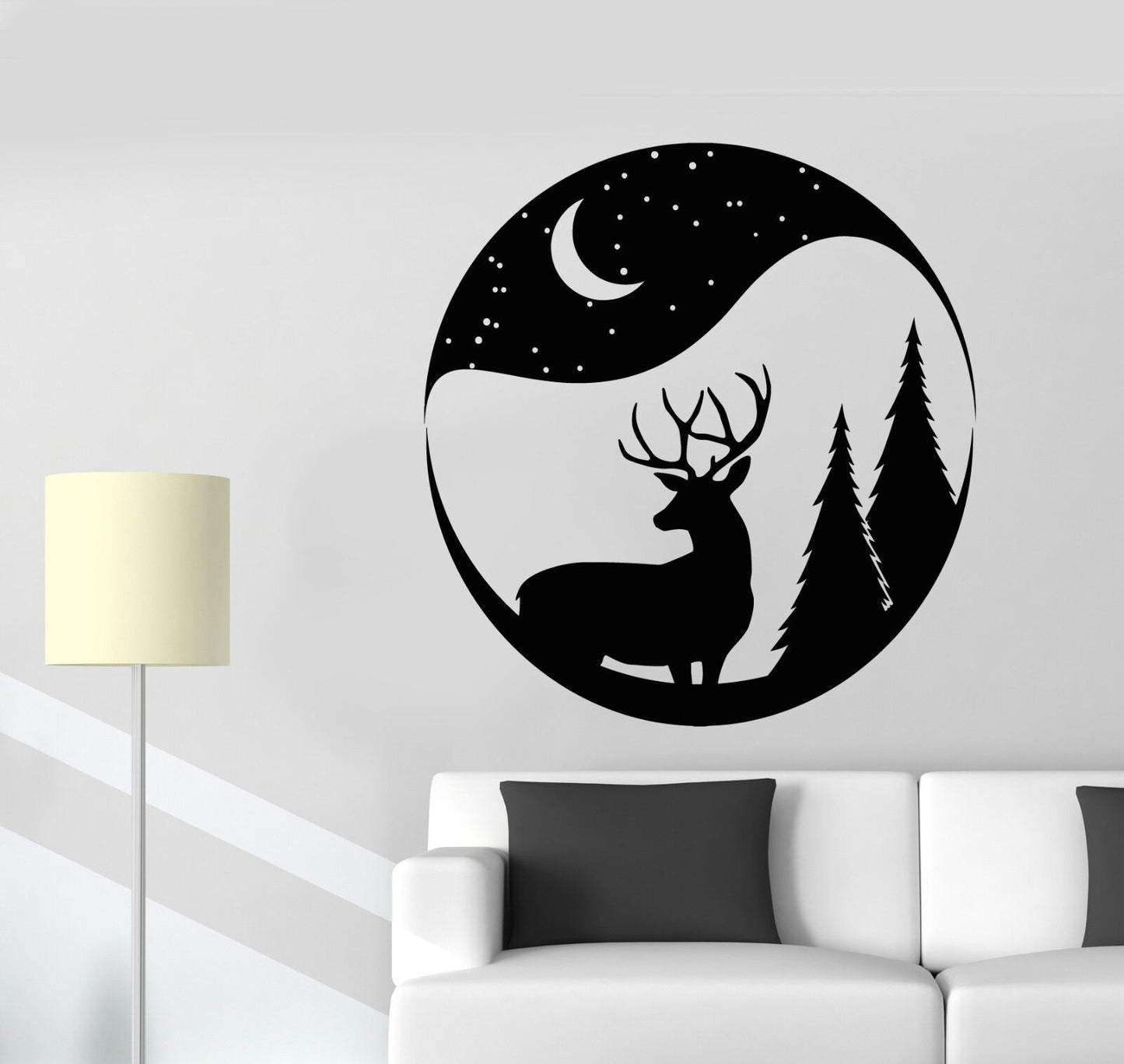 Autocollant mural en vinyle, cerf de noël, boule de neige, forêt, animaux, lune, autocollants (2464ig)