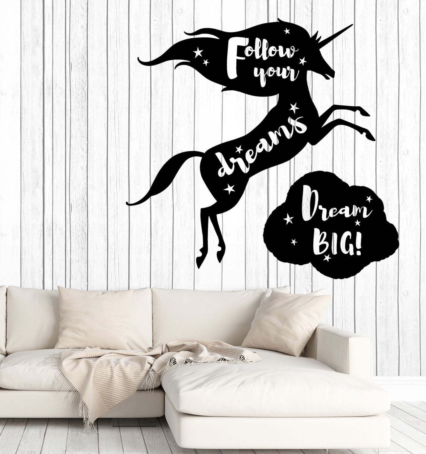 Autocollant décalcomanie en vinyle Licorne Silhouette Nuage Mots de motivation Décor de rêve (n824)