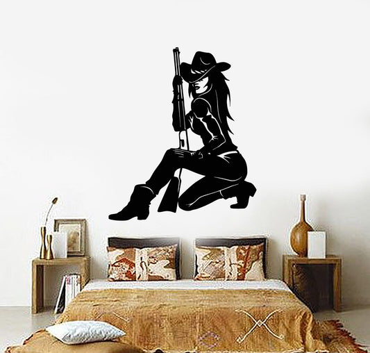 Vinyl Wall Decal Sexy Hot Cowgirl Stetson Hat With Gun Stickers (2535ig)