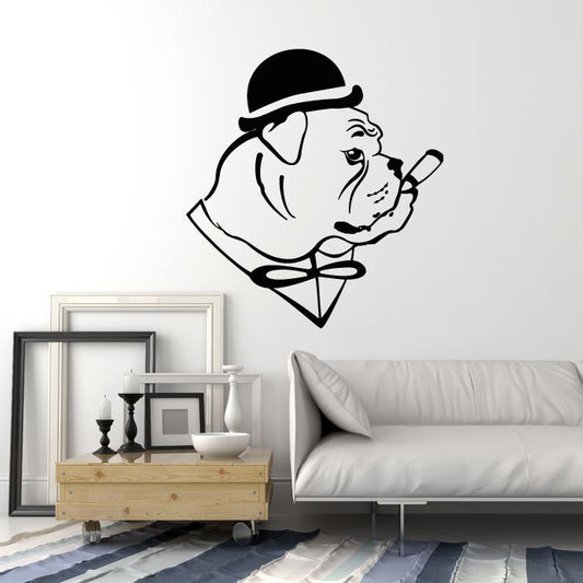 Wandtattoo, Vinyl, Englische Bulldogge, Hund mit Hut, Gentleman, Zigarre (2540ig)