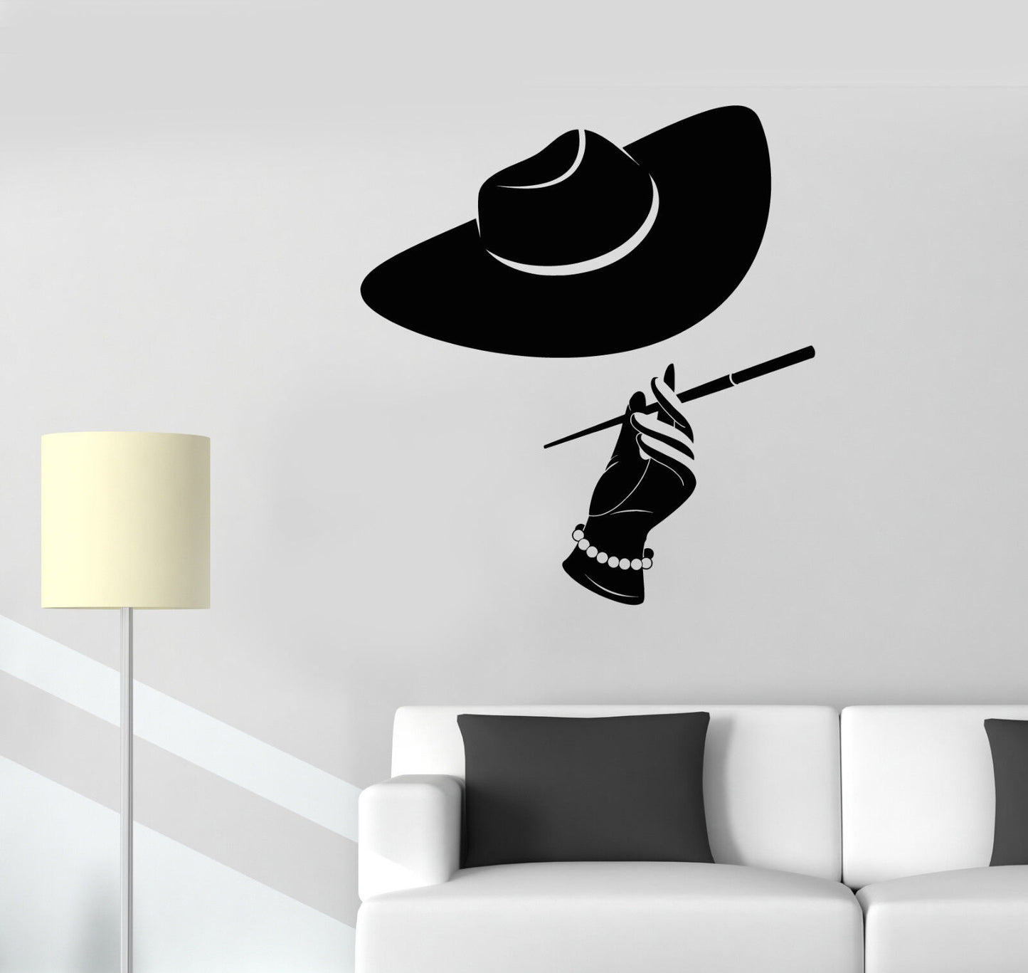 Vinyl Wall Decal Women's Hat Cigarette Pearl Elegant Lady Stickers (2549ig)