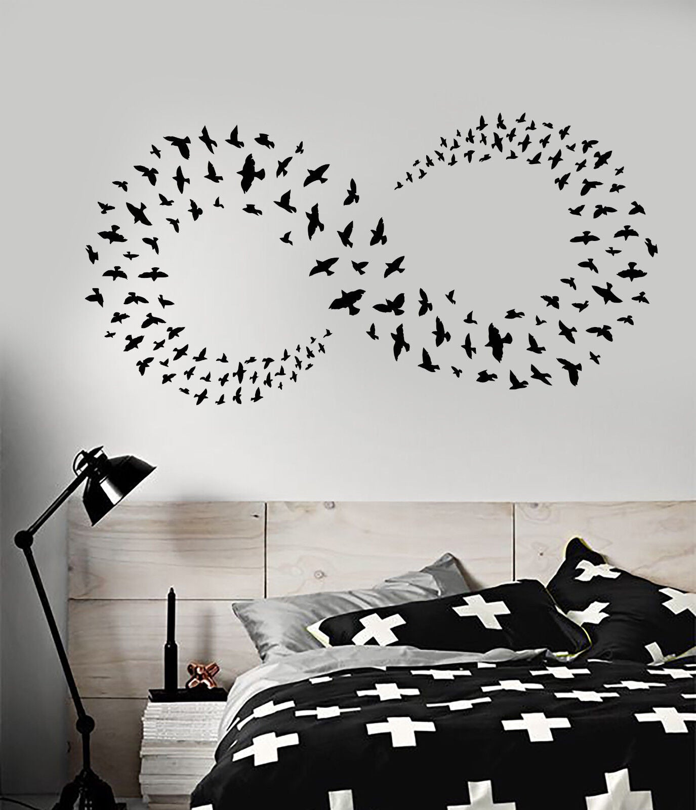 Autocollant mural en vinyle, symbole infini, troupeau d'oiseaux, décoration de chambre à coucher (2645ig)