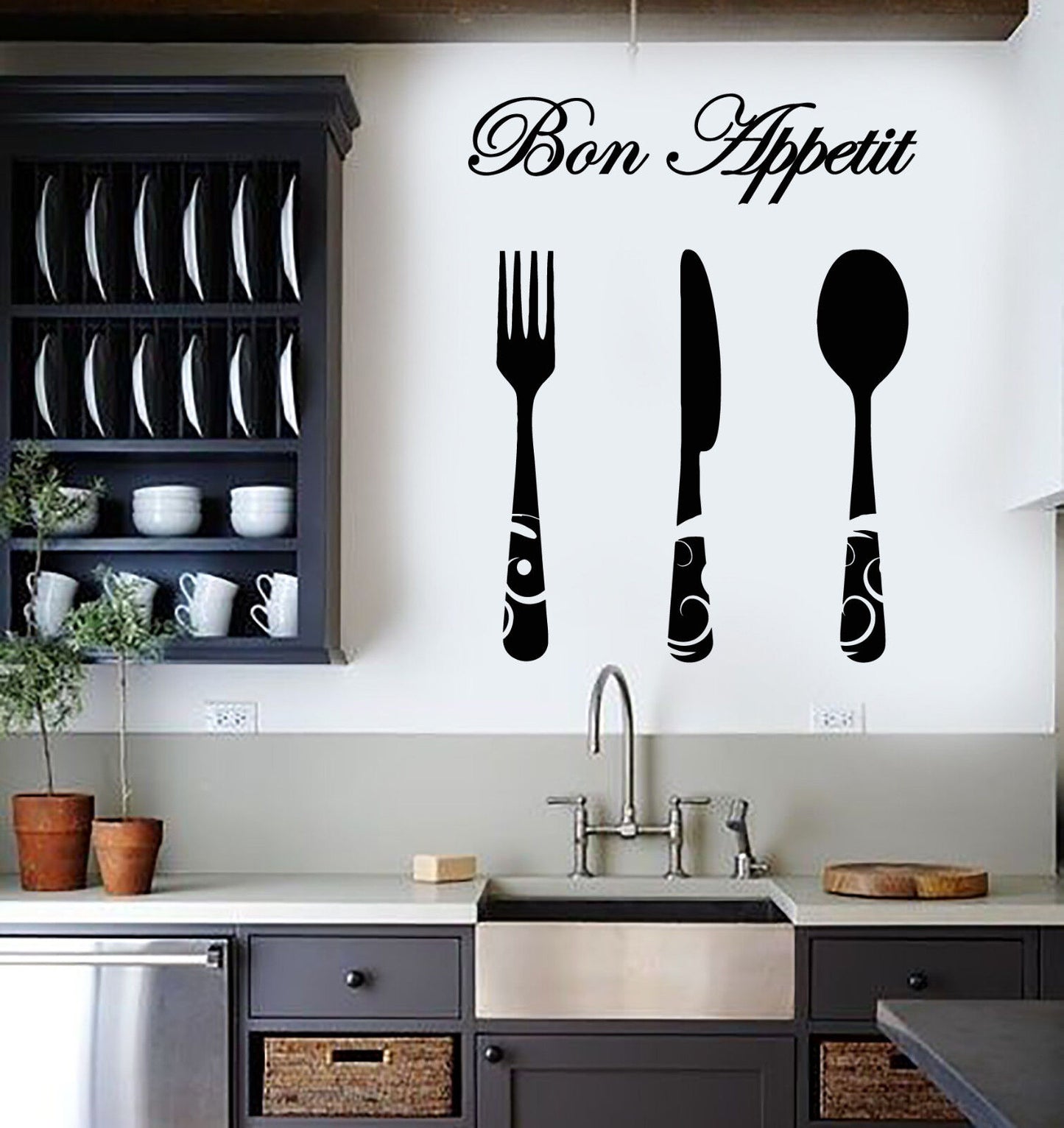 Vinyl Wall Decal Kitchen Decor Bon Appetite Quote Cutlery Fork Stickers (2693ig)