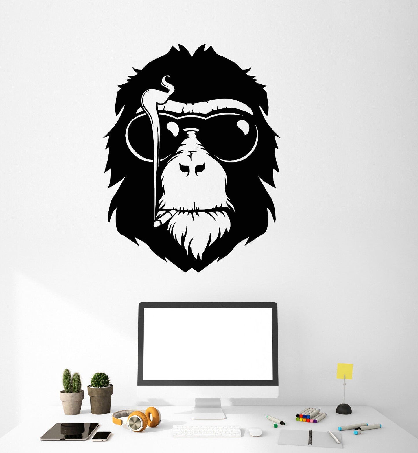 Vinyl Wall Decal Monkey Head In Sunglasses Cigarette Smoking Stickers (2718ig)