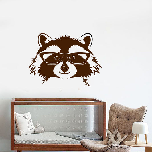 Vinyl Wall Decal Forest Raccoon In Glasses Funny Animal Head Stickers (2747ig)