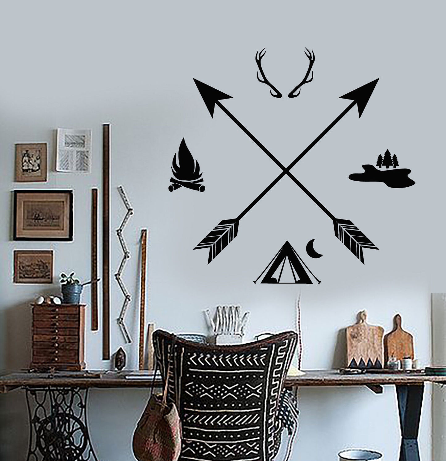 Vinyl Wall Decal Hunting Club Hunter Camping Arrows Ethnic Style Stickers 2765ig