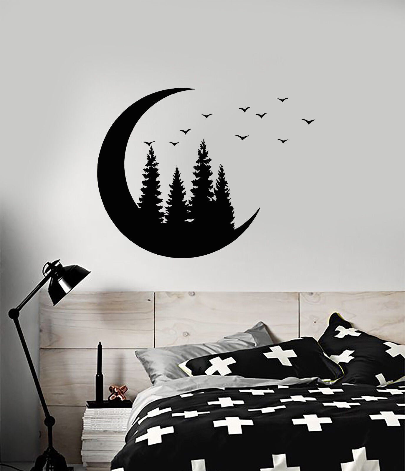 Vinyl Wall Decal Crescent Moon Forest Trees Birds Nature Stickers (2791ig)