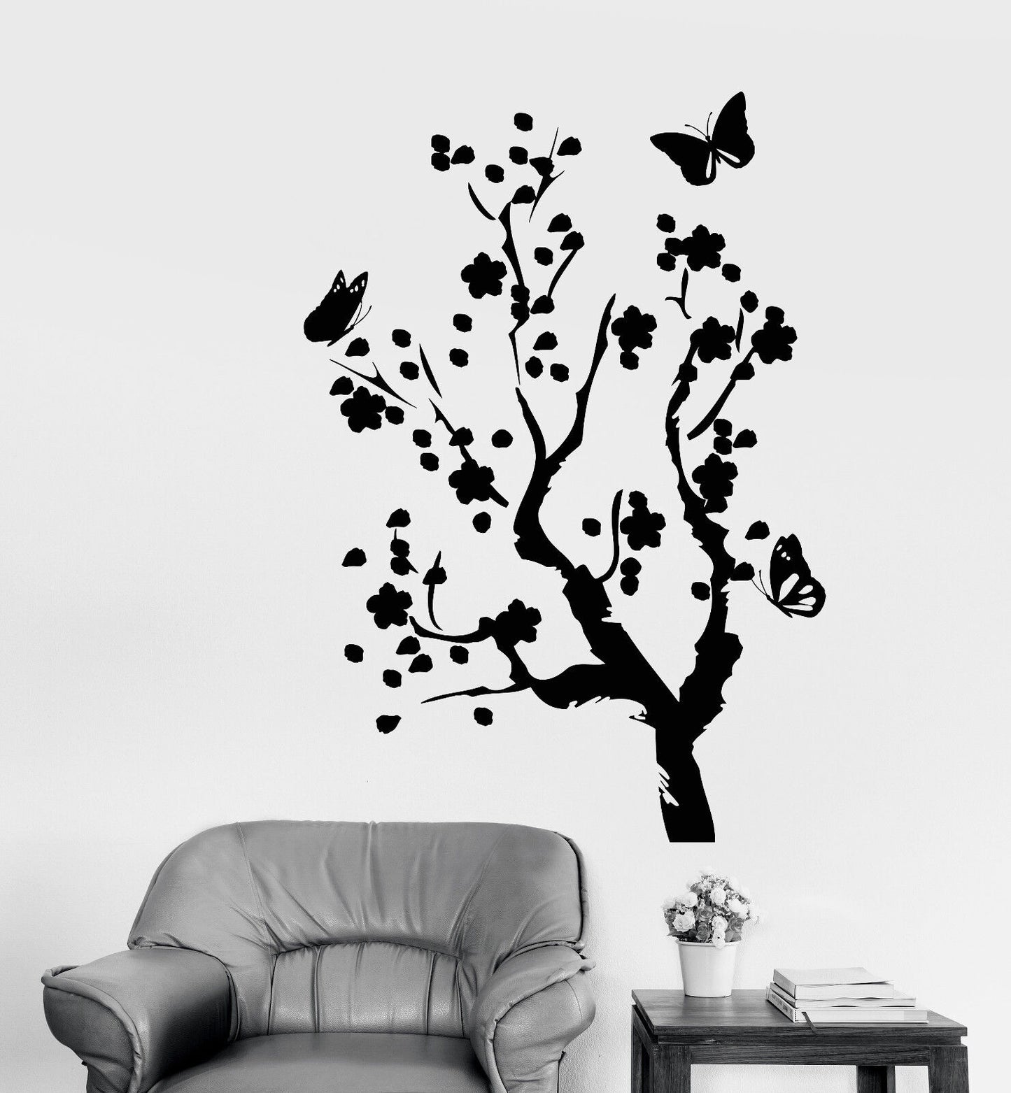 Autocollant mural en vinyle, Style asiatique, arbre Sakura, fleurs, papillons (2895ig)