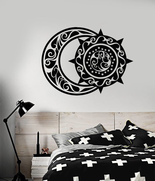 Autocollant mural en vinyle de Style ethnique, croissant de lune et soleil, décor de chambre à coucher, 2916ig