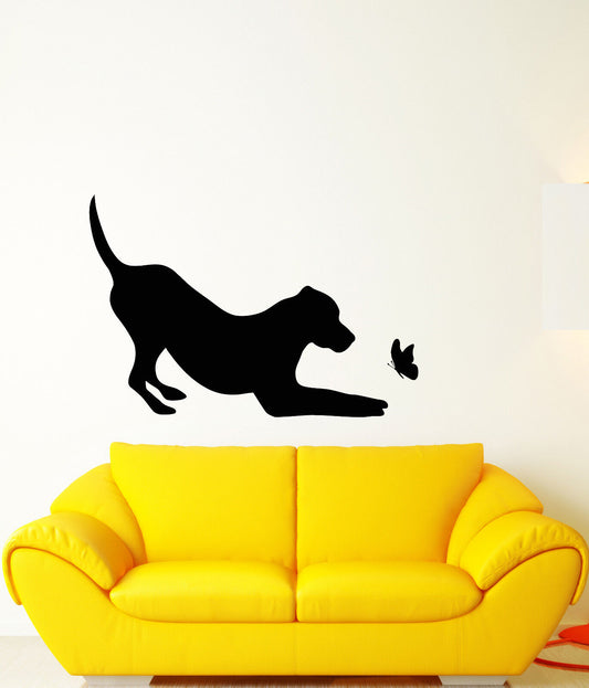 Autocollant mural en vinyle pour animalerie, Silhouette de chien avec papillon, autocollants d'animaux (2921ig)