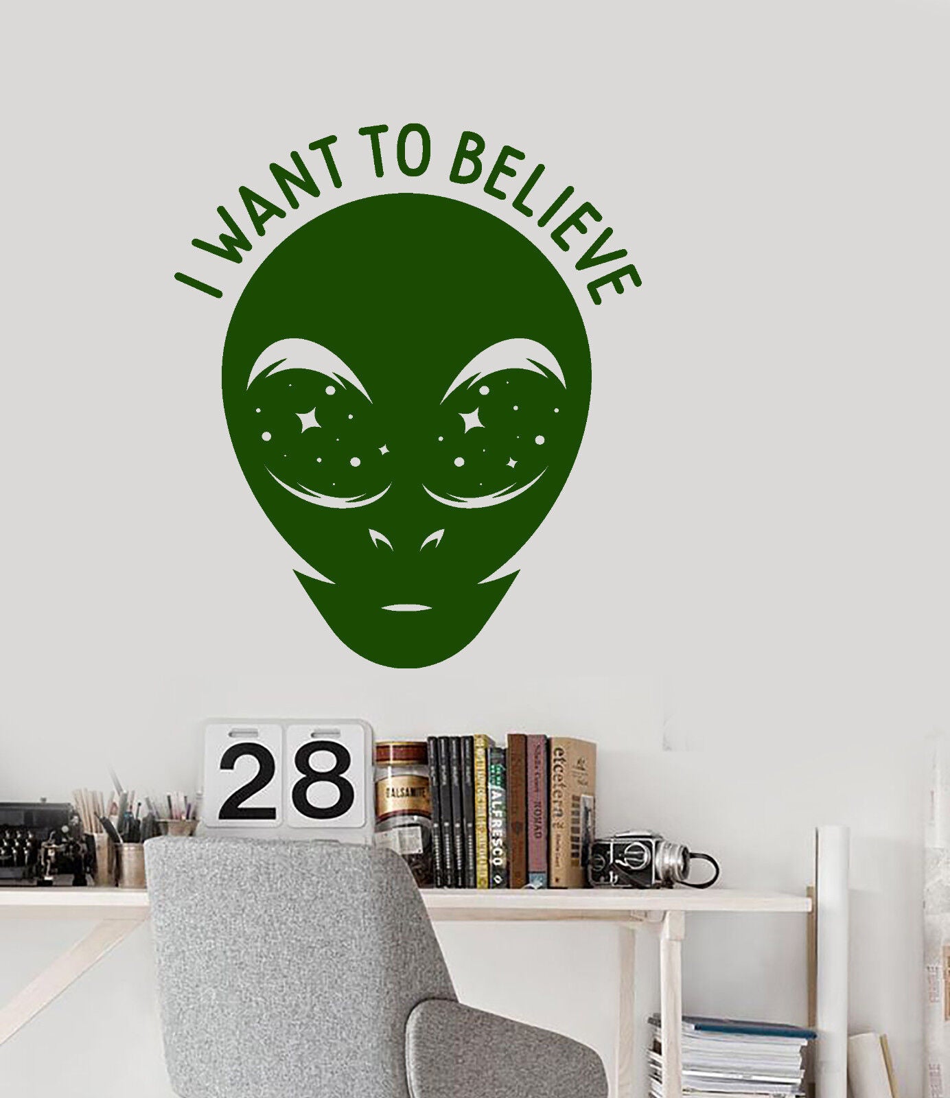 Wandaufkleber, Vinyl, Alienkopf, „I Want To Believe“, Logo, Sterne, Aufkleber (3095ig)