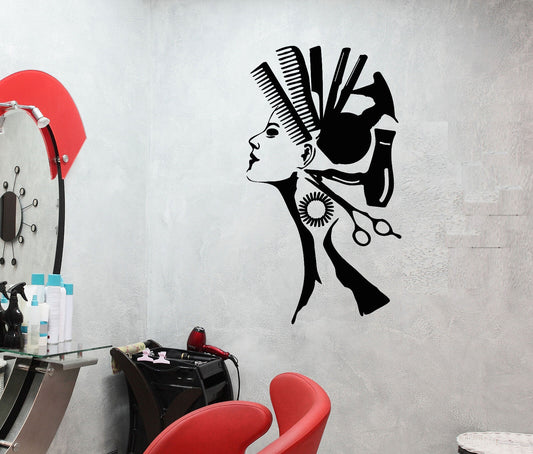 Vinyl Wall Decal Comb Hair Dryer Hairdresser Hair Salon Decor Stickers (3150ig)