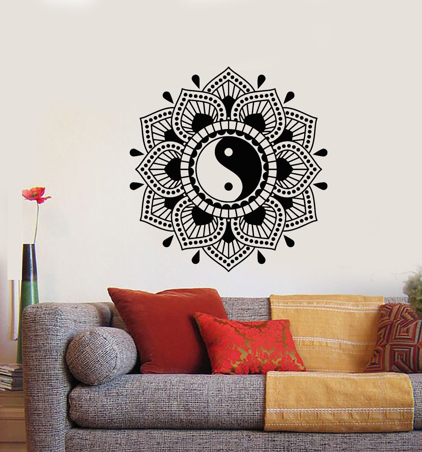 Autocollant mural en vinyle Mandala fleur de Lotus symbole Yin Yang bouddhisme autocollants (3167ig)