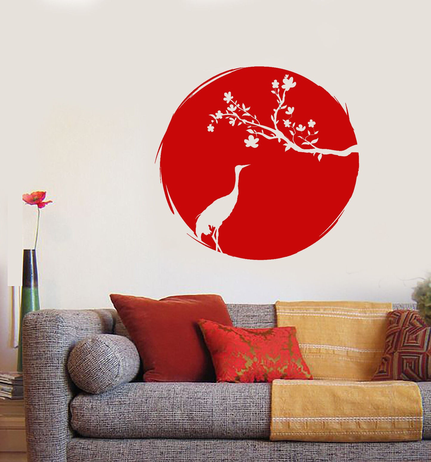 Autocollant mural en vinyle, Style asiatique, oiseau japonais, héron, branche Sakura (3210ig)