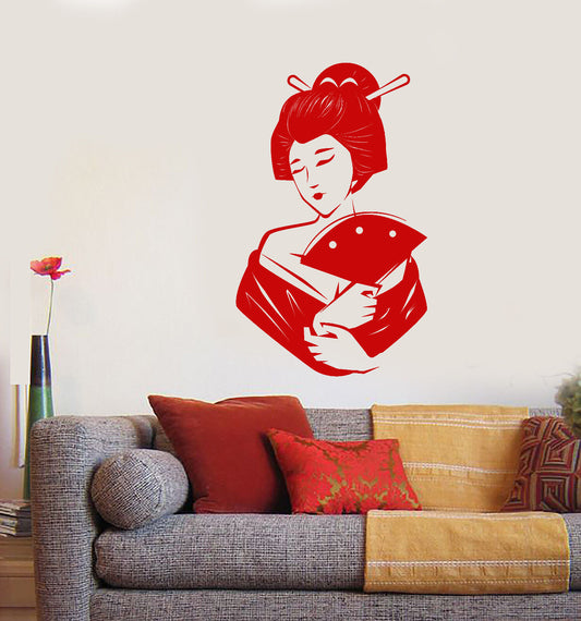 Autocollant mural en vinyle de Style Geisha asiatique, femme japonaise avec autocollants en éventail (3214ig)