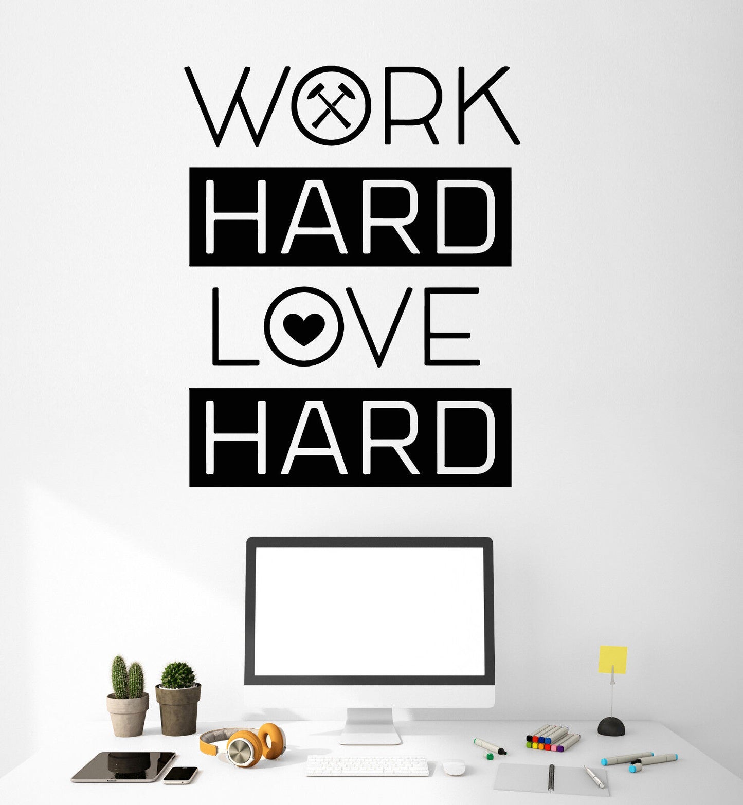 Wandaufkleber aus Vinyl, Motivierende Zitate „Work Hard Love Hard“ fürs Büro (3252ig)