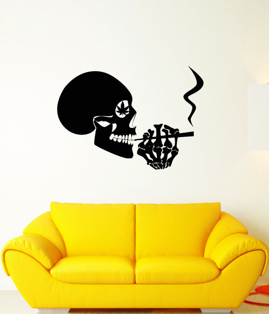 Autocollant mural en vinyle crâne squelette cigare fume chanvre haschich autocollants (3418ig)