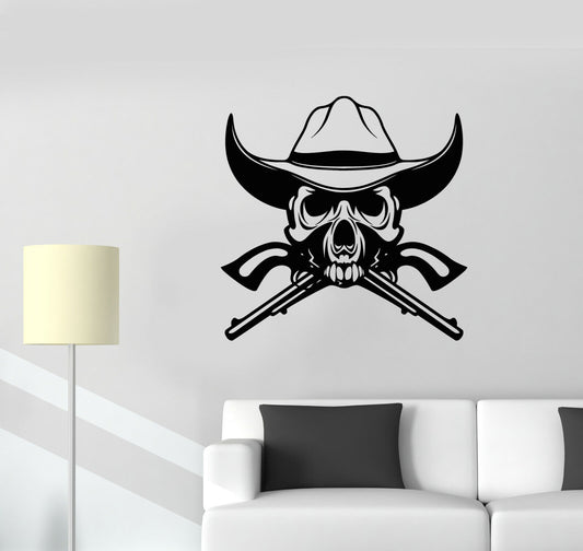 Wandtattoo Western Cowboyhut Totenkopf Revolver Vinyl Aufkleber (3487ig) 