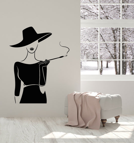 Vinyl Wall Decal Retro Lady In Dress Hat With Cigarette Smoking Stickers 3512ig