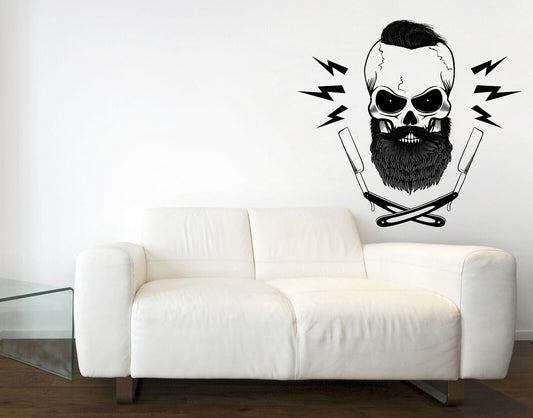 Wall Vinyl Sticker Bearded Skull Blades Hair Salon Spa Barber Shop Decor (n1063)