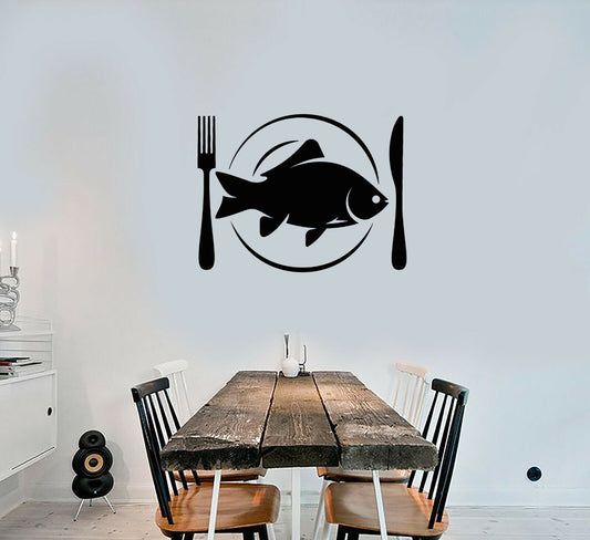 Autocollant mural en vinyle pour vaisselle à poisson, couverts, décoration de salle à manger (3715ig)